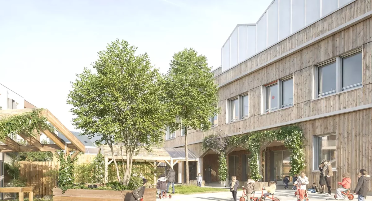 Aménagement paysager du groupe scolaire Alice Milliat avec cour maternelle végétalisée à Nantes