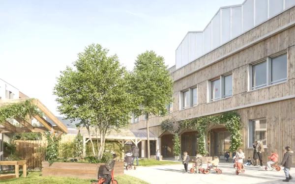 Aménagement paysager du groupe scolaire Alice Milliat avec cour maternelle végétalisée à Nantes