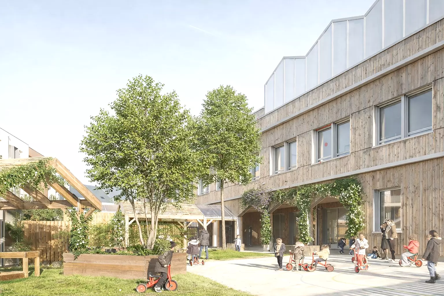 Aménagement paysager du groupe scolaire Alice Milliat avec cour maternelle végétalisée à Nantes