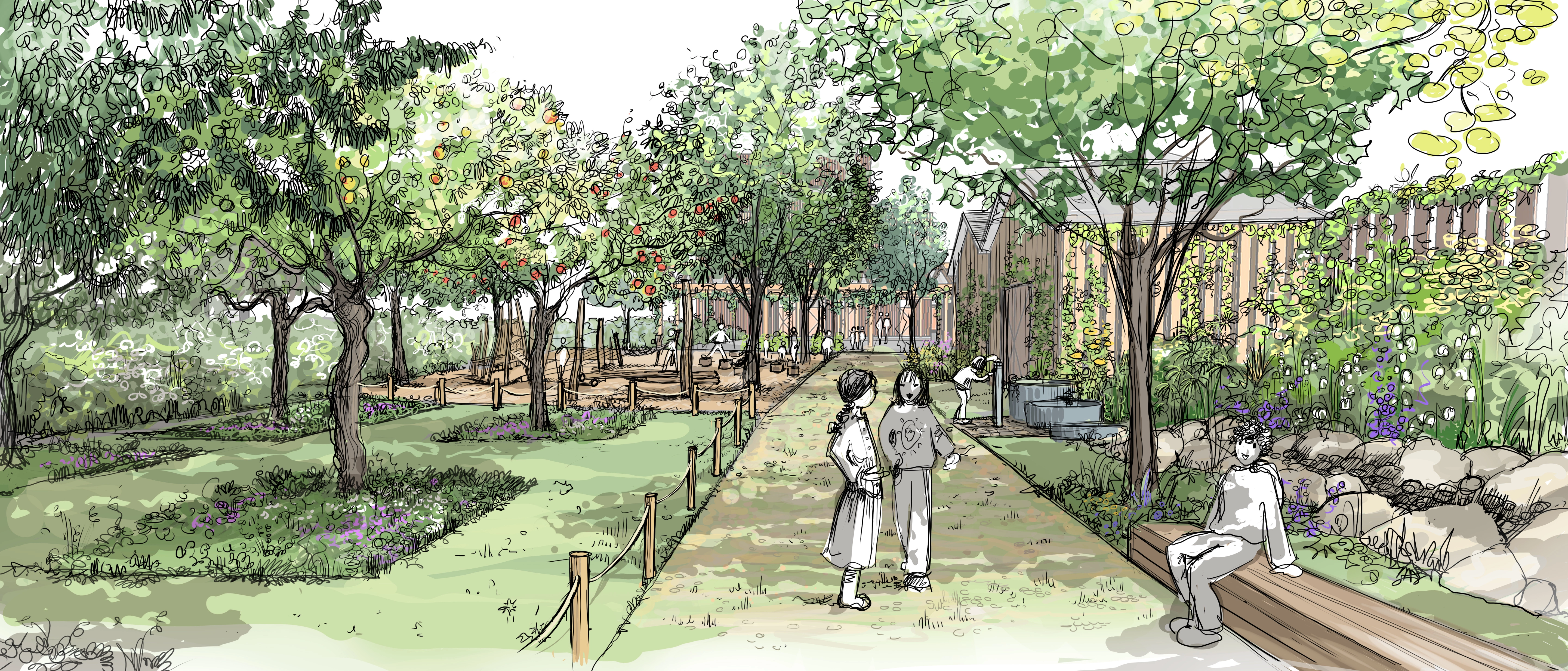 Perspective paysagère de la cour élémentaire du groupe scolaire Alice Milliat