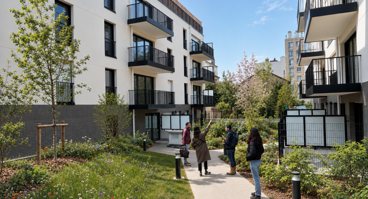 Résidents dans le jardin paysager d’un programme de logements à Suresnes