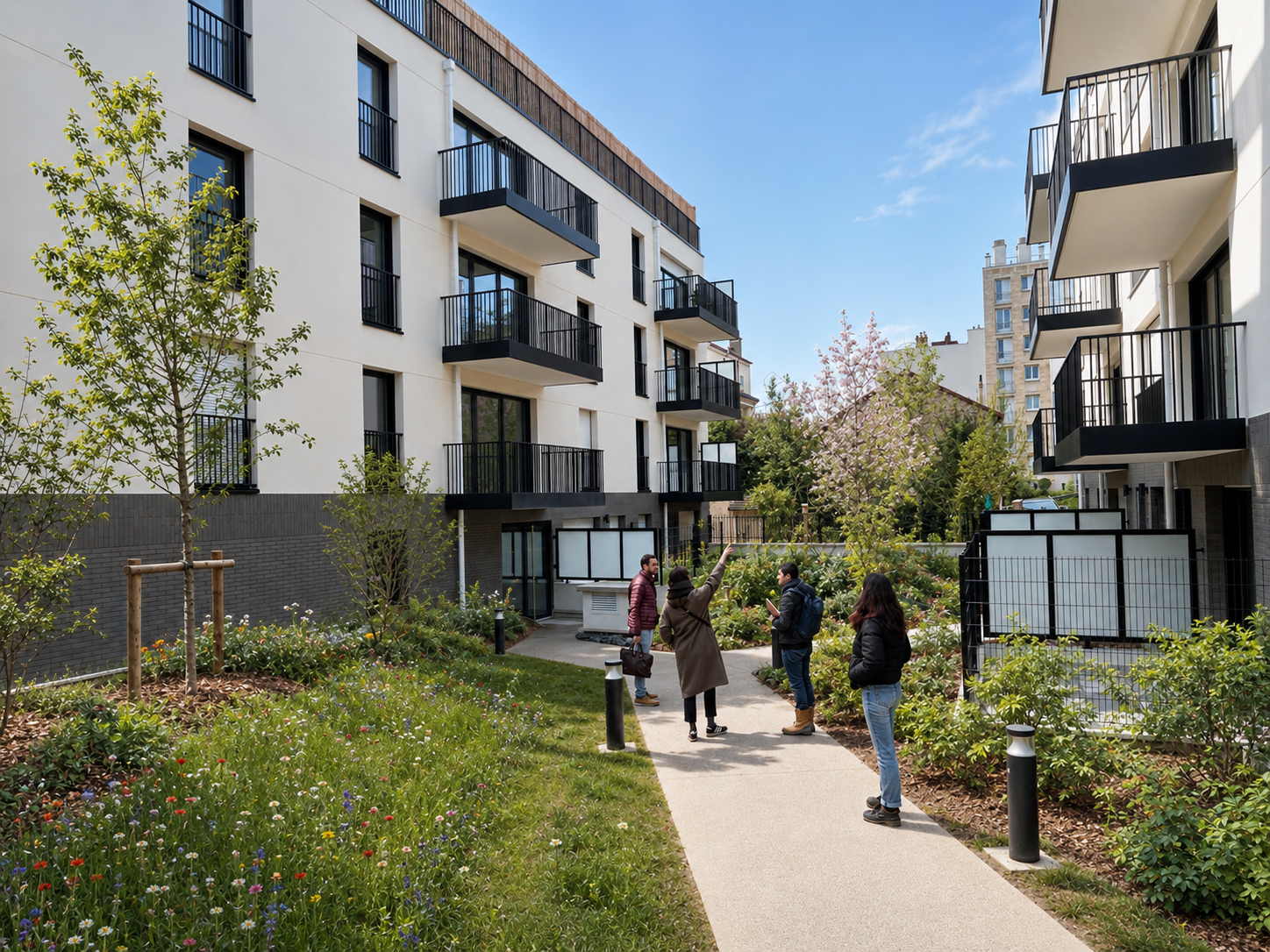 Résidents dans le jardin paysager d’un programme de logements à Suresnes