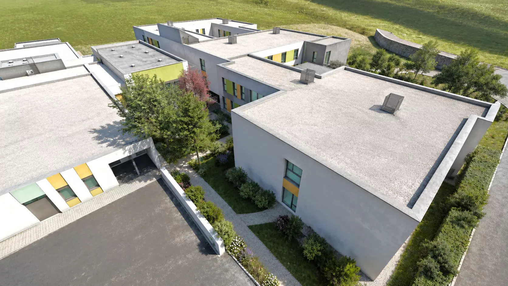 Vue aérienne de l’aménagement paysager du foyer de vie à Moncoutant