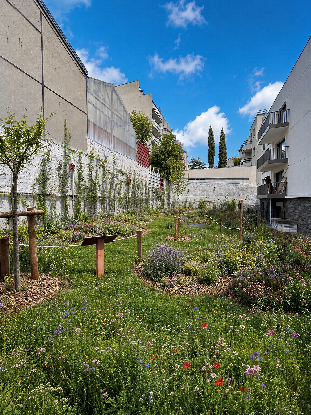 Jardin intérieur et prairie fleurie d’une résidence à Suresnes