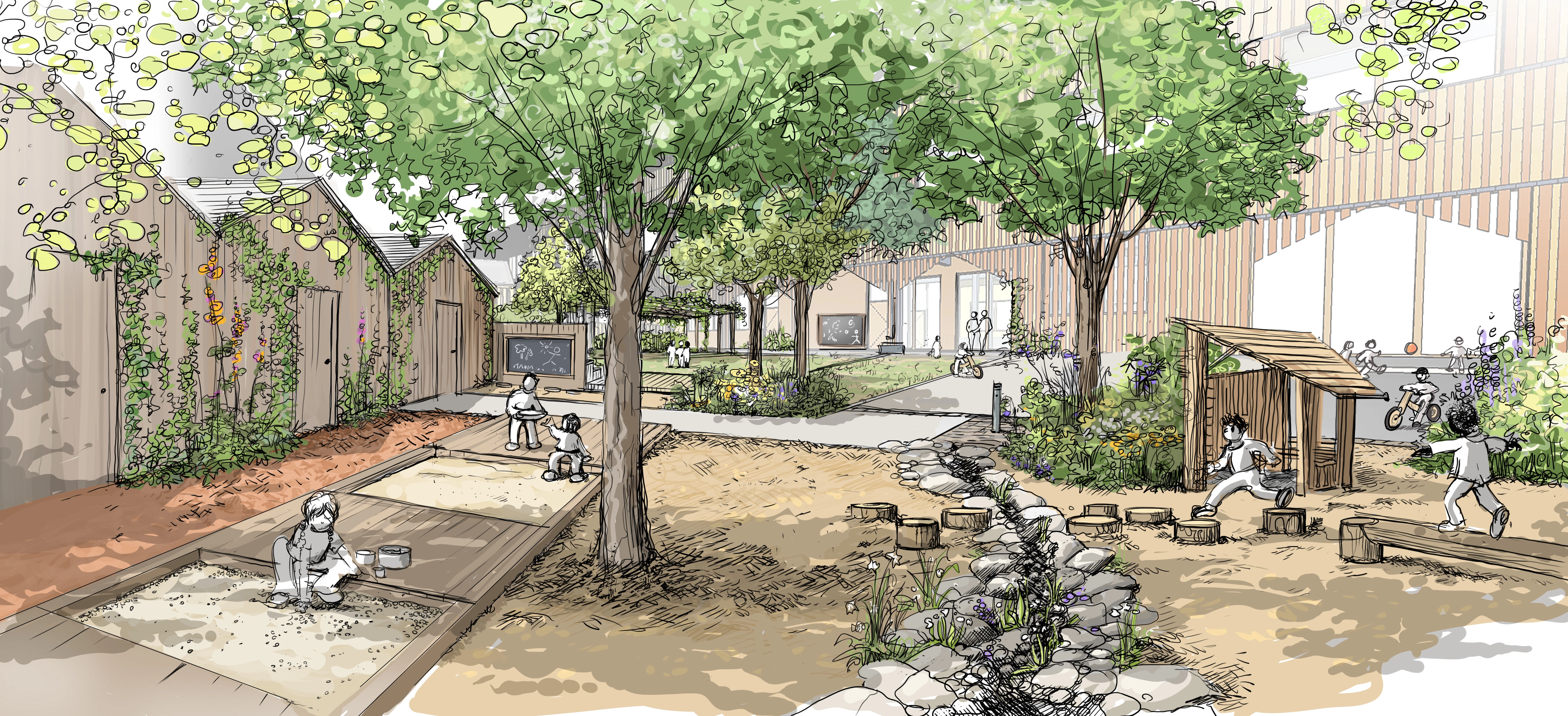 Perspective paysagère de la cour maternelle du groupe scolaire Alice Milliat
