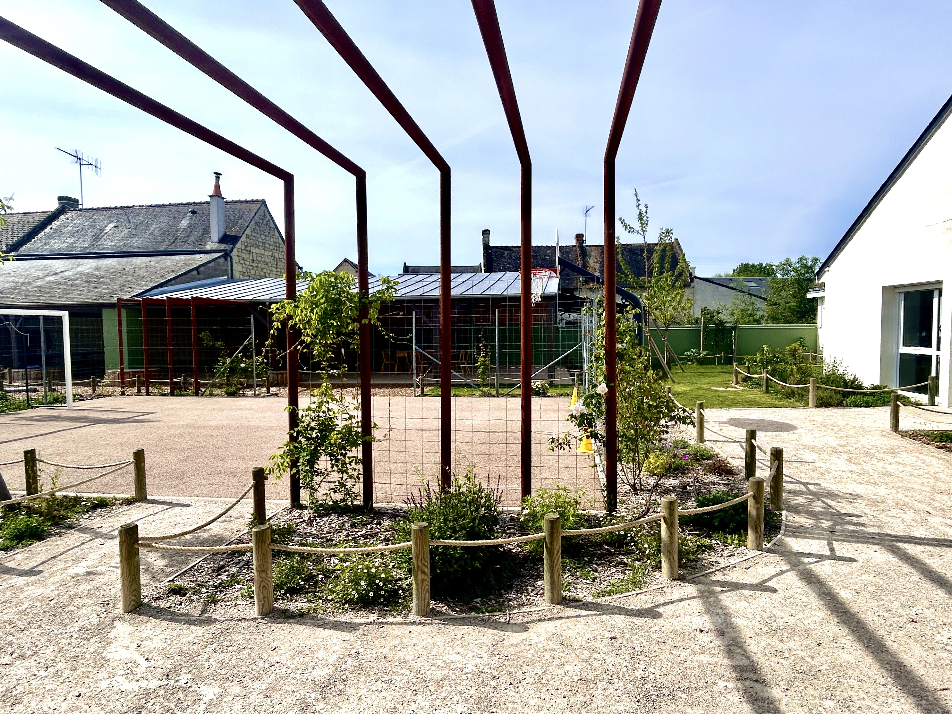 Pergola métallique végétalisée dans la cour Oasis de Savigny-en-Véron