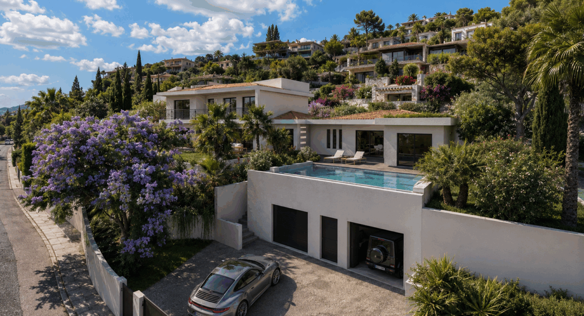 Visualisation 3D d’un jardin privé haut de gamme avec villa et piscine